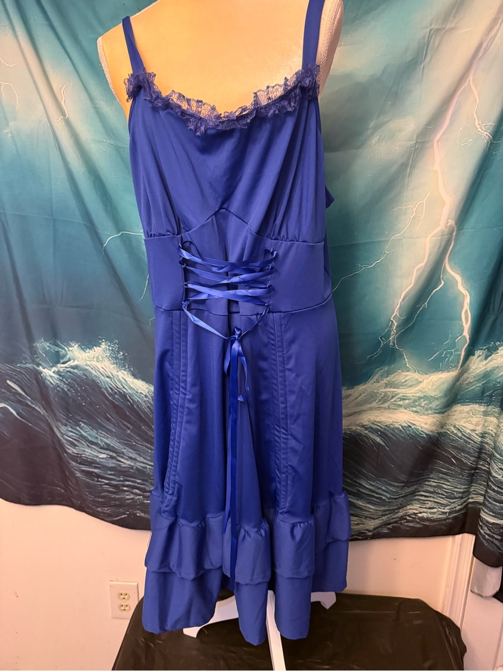 Blue Lace-Trim Midi Dress with Corset Back